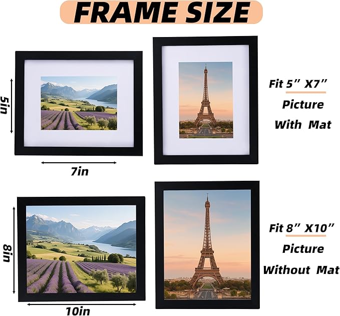 3 Pcs 8x10 Black Picture Frame - Display Pictures 5x7 with Mat or 8 x 10 without Mat - Black Wood Picture Frames for Wall Mounting - Wooden Photo Frame for 8 10 Matted to 5x7 Print Set of 3