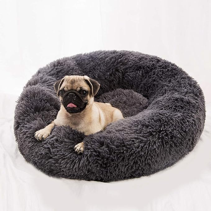 Plush Calming Donut Dog Bed for Small to Medium Dogs, 28 Inch Round Pet Bed | Soft Faux Fur Puppy Bed with Raised Rim for Curling and Head Support; Washable Round Pet Bed for Small to Medium Dogs or Cats