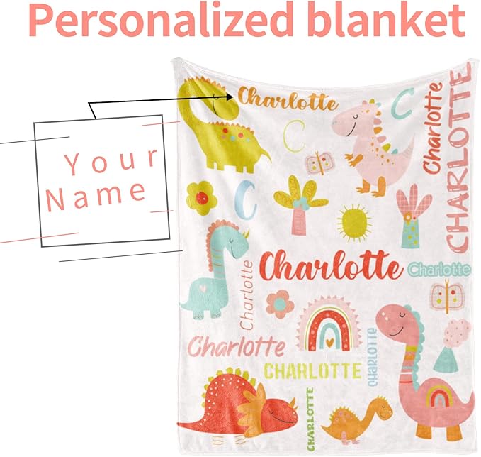 Personalized Dinosaur Blanket with Name for Girl, Custom Name Blanket for Kids, Soft Flannel Pink Dinosaur Toddler Blanket Customized Gift for Birthday Christmas Baby Shower Newborn Gift 30" X 40"