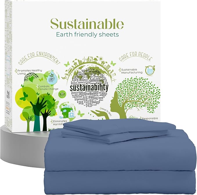 SUPREME ELEGANCE Queen Sheet Set – Natural 100% Long Staple Cotton Percale Sheets Queen Size Bed Set, Deep Pocket Snug Fit, Oeko-tex Made in Green Sustainable Hotel Quality Bedding, Dark Blue