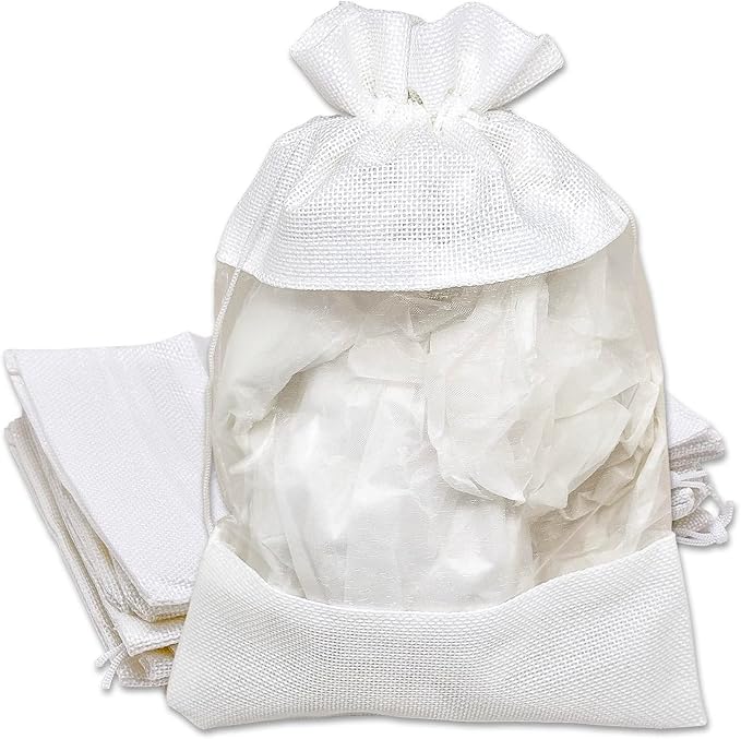 12-Pack X-Large Linen Burlap & Organza Gift Bags w. Drawstrings (7.5x11.5 in, White) - Party Favors, Presents, Samples & Treats Mesh Pouch by The Display Guys