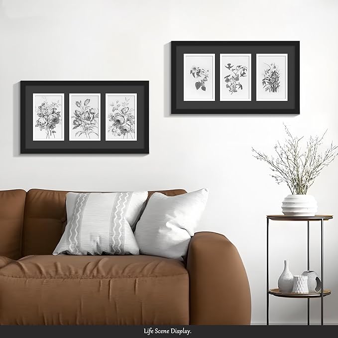 8x15 Collage Picture Frame, 4x6 Collage Picture Frame, Displays Three 4x6 inch Photos, Wall Decor Wall Hanging or Tabletop, Black Mat.
