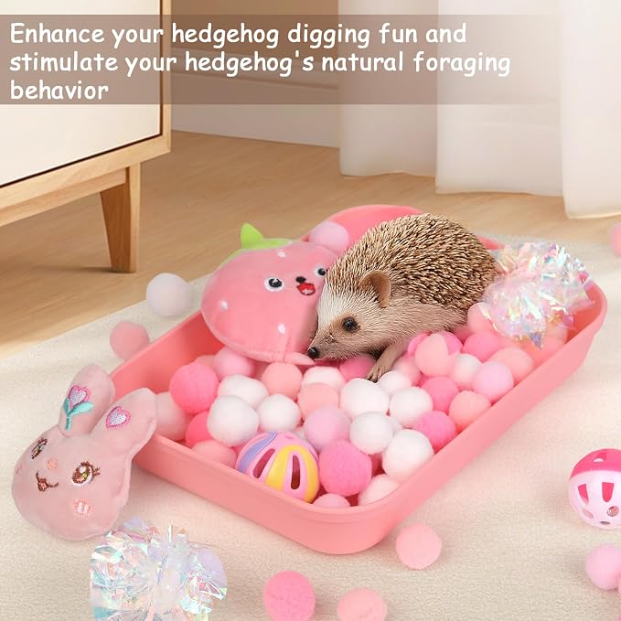 Hedgehog Accessories, Dig-Box Tray for Hedgehog Cage with Ball Toy, Small Animal Accessories Funny Dig-Box Tray Toys for Hedgehogs, Ball Bell Toy for Ferret Kitten Cat Hamster (Pink)