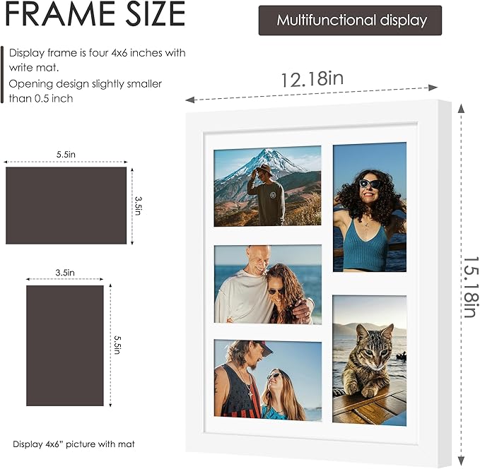 11x14 Collage Picture Frame, 4x6 Collage Picture Frame, Displays Five 4x6 inch Photos, or 11x14 (Without Mat) Wall Decor Wall Hanging or Tabletop, White.