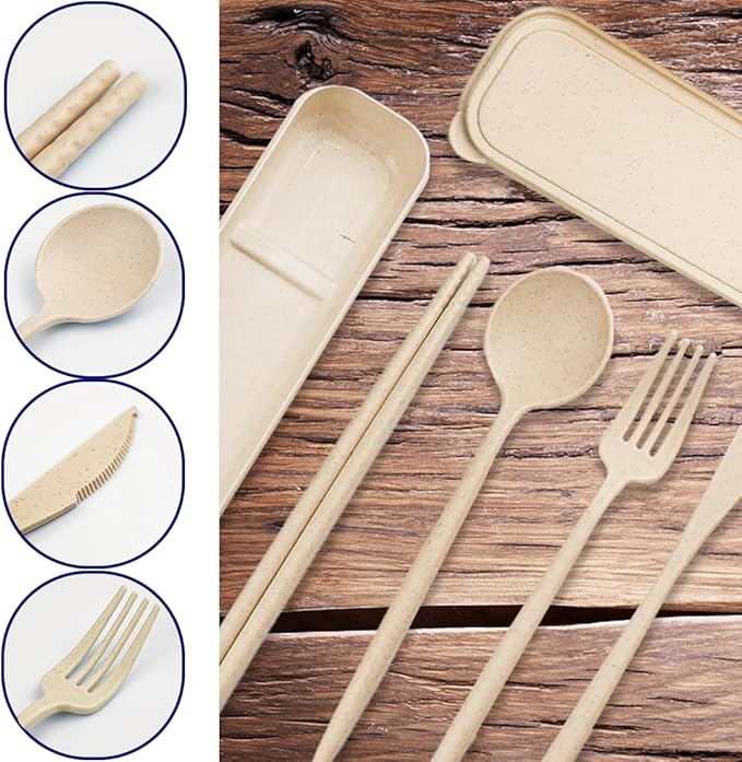 4 Sets Reusable Utensils Set with Case,Camping Cutlery Set Travel Silverware Set with Case Lunch Utensils Set for Work,Utensil Sets for Lunch Picnic Daily Use Outdoor (Beige)
