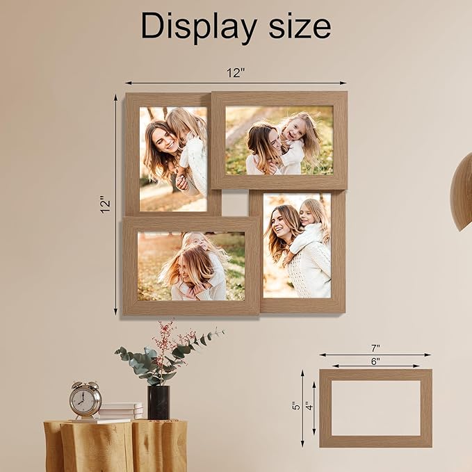 4x6 Picture Frame Collage,4 Photo Frame with Real Glass,Family Picture Frame Collage Wall Hanging or Tabletop Display,Natural Oak