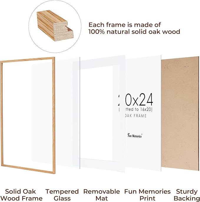 Rustic Oak Wooden Picture Frame, 20x24 with Tempered Glass, Matted to 16x20 (Natural Oak, 1 Pack)