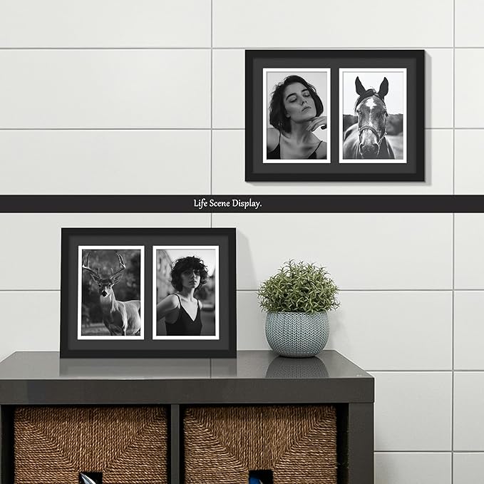 8.5x12 Collage Picture Frame, 5x7 Collage Picture Frame, Displays Double 5x7 inch Photos, Wall Decor Wall Hanging or Tabletop, Black Mat.