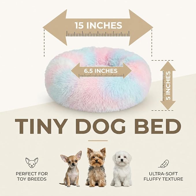 Tiny Dog Bed for Extra Small Dogs for Chihuahua Pomeranian Toy Poodle | 15 Inch Washable Puppy Bed,Soft Faux Fur Calming Donut Bed,Rainbow