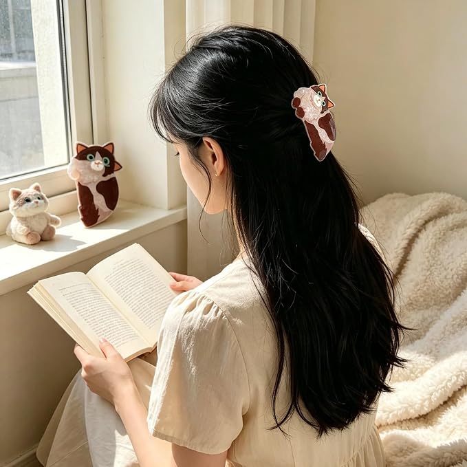 Fluffy Long Hair Cat Hair Claw Clips Animal Hair Clip Kitten Hair Barrettes | Lying Ragdoll Kitten Hair Jaw Clips Acrylic Grip Clips Brown Pet Cat Hair Accessories for Women Daily Holiday Party Styling