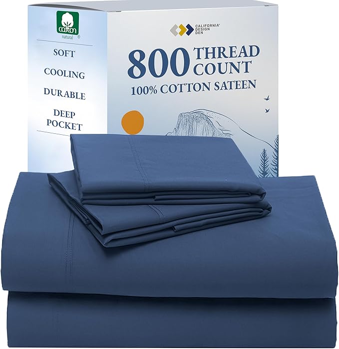 California Design Den Natural 100% Cotton Queen Sheet Set - Luxury Hotel 800 Thread Count Sateen, Soft and Durable Deep Pocket Sheets Set - Navy Blue