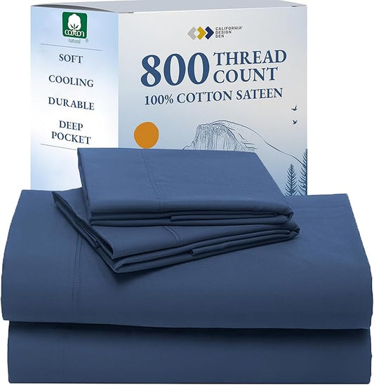 California Design Den Natural 100% Cotton Queen Sheet Set - Luxury Hotel 800 Thread Count Sateen, Soft and Durable Deep Pocket Sheets Set - Navy Blue