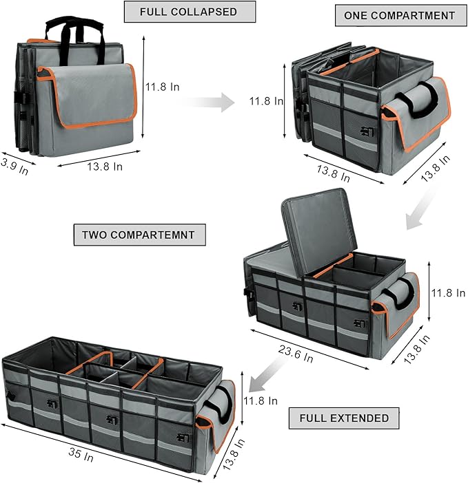 Car Trunk Organizer and Storage with Removable Leakproof Cooler Bag, 6 Removable Dividers for Custom Space, Collapsible Trunk Storage with Non Slip Bottom, Foldable Cover for SUV, Jeep, MPVs