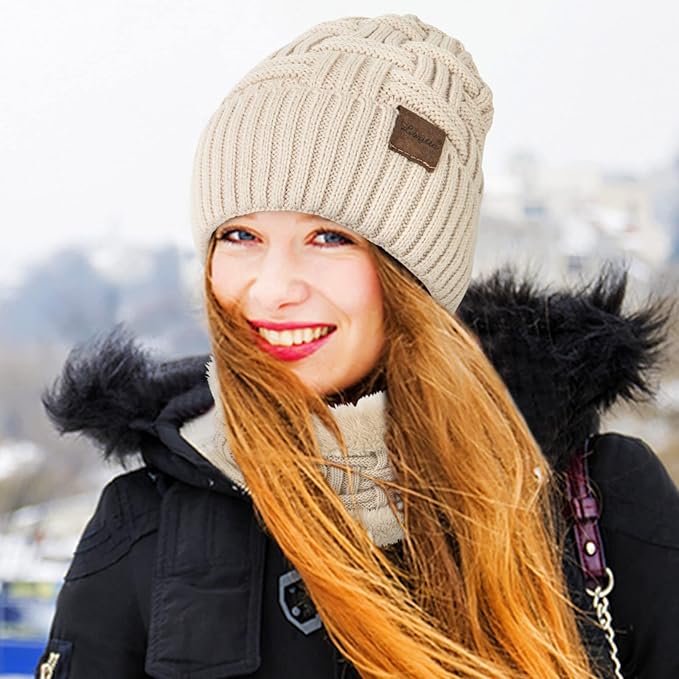 Loritta 3-Pieces Winter Hat Neck Warmer Touchscreen Gloves Set Knit Thick Scarf Beanie Hats Scarves Set Gifts for Women
