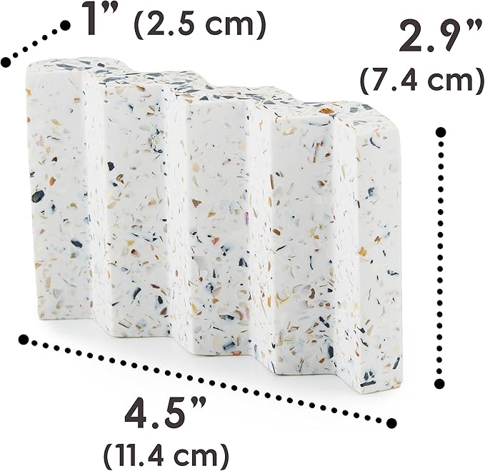 Zig Zag Terrazzo Stone Soap Dish for Bathroom Sink - Concrete Soap Saver for Bar Soap Holder for Shower - Sponge Holder - Self Draining Soap Dish Holder - Kitchen Soap Tray (White)
