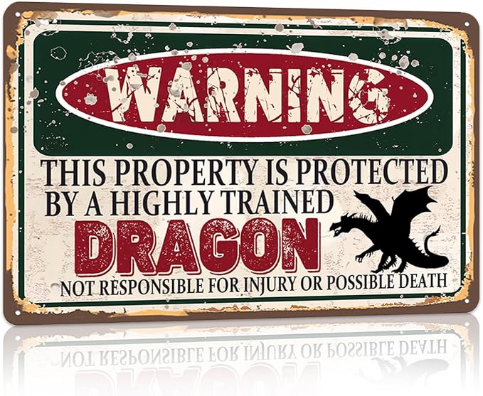 Vintage Dragon Metal Sign Wall decor | Warning this property is protected bY a highly trained Dragon Sign Funny Tin Signs 12x8 Inch