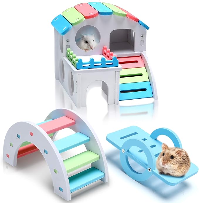 Skylety 3 Pieces Fun Hamster Guinea Pig Hideout Kit,Small,Rainbow Color | Include PVC Hamster House, Rainbow Bridge, Seesaw DIY Exercise Playhouse for Rats Mouse Small Animals