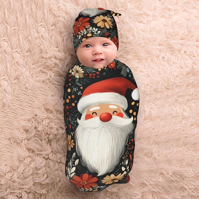 Christmas Baby Swaddle Blanket and Hat Set for Newborn Boys Girls Soft Infant Wrap Sleep 0-6 Months Red Santa