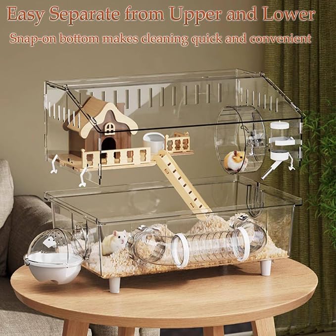 All in 1 Hamster Cage with Tunnel and 7 Accessories,Clear Acrylic Small Animal Habitat for Dwarf Hamster,Gerbil,Hedgehog(17.7"*11.8"*13.4")