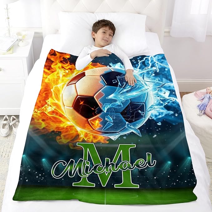 Personalized American Ball Games Blanket - Customized Throw Blanket for Kids Teens Adults Sports Lovers (Football Basketball Elements Design)