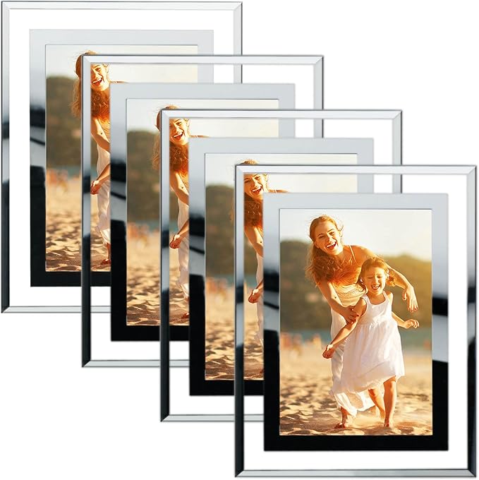 4x6 Picture Frames Silver - Set of 4, HD Real Glass 4 by 6 Photo Frame Mirrored Edge Great Gift, for Tabletop Display, Wedding Birthday Christmas Day Gifts (4 x 6, Silver)