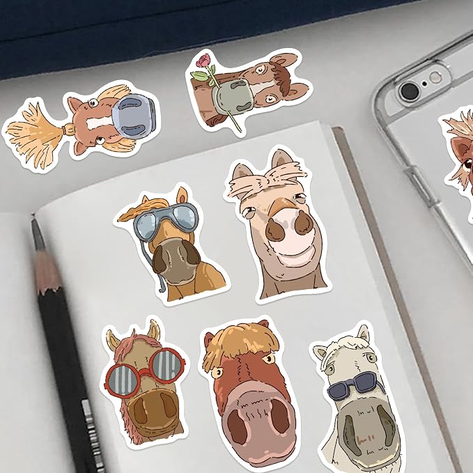 50Pcs Funny Horse Sticker Pack for Kids Teens Adults, Vinyl Cartoon Animals Decals Kawaii Meme Sticker for Decor Water Bottles Laptops Guitar Scrapbook (Horse)
