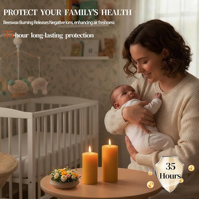 Beeswax Pillar Candles Set of 2,70 Hours Long Burning,100% Natural Beeswax Candles for Emergency,Pure Bees Wax for Home, Beeswax Candles Bulk for Relax, Smokeless & Dripless