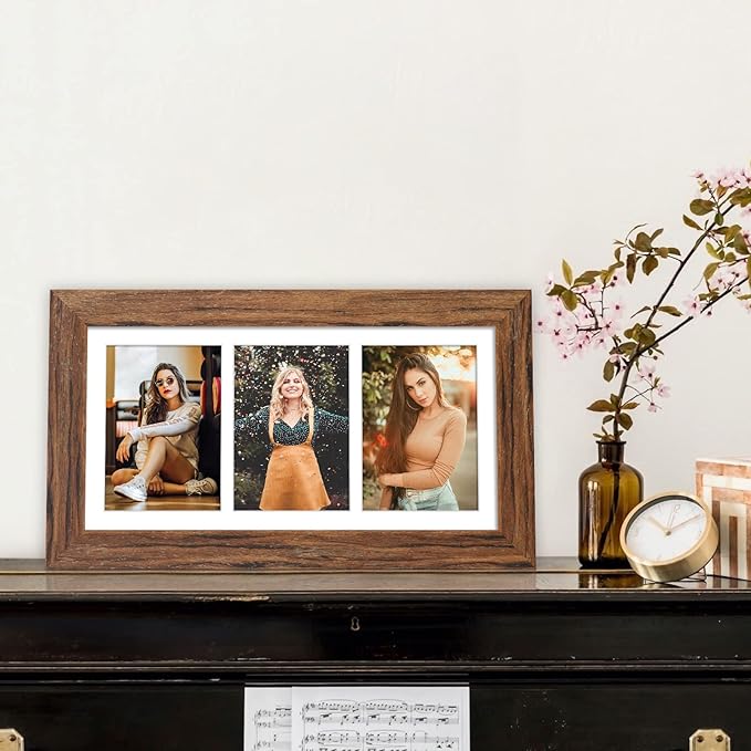 8x16 Picture Frame Display 3 opening Picture Frame 5x7 Collage,Multi Photo Frame with Mat,Plexiglass,Horizontal and Vertical Formats for Wall Decor,Carbonized Brown Wood Grain