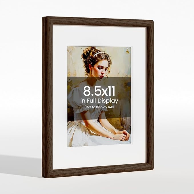 8.5X11 Picture Frame Natural Oak Wood From California-USA Walnut Color Finished Handcrafted 8.5 X 11 Photo Frame Matted to 6x8 Photo with Real Tempered Glass,Family,Graduation Display Table & Wall