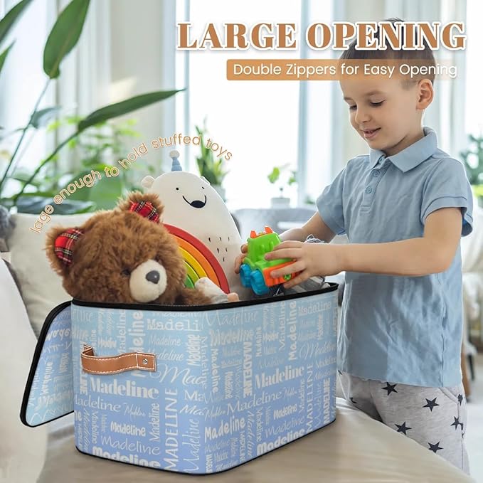 Custom Storage Basket with Name, Personalized Keepsake Box with Zipper Lid, Foldable Fabric Memory Bin Large capacity with Handle White Blue