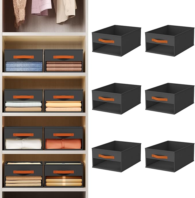 Drawer Organizers and Storage - 6 Pack Foldable Pants Organizer with Clear Window & Handles, Fabric Closet Organizer for Clothes, Jeans, Sweaters, Towels, T-shirt, Scarf (Black)