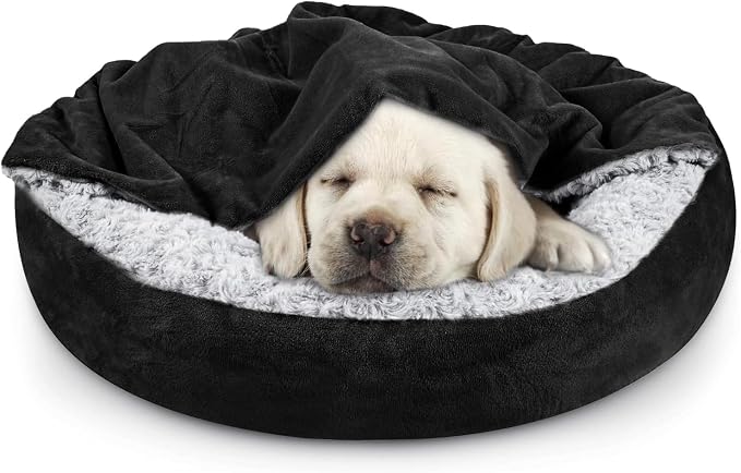 JOEJOY Small Dog Bed Cat Bed with Hooded Blanket, Cozy Cuddler Luxury Puppy Pet Bed, Donut Round Calming Anti-Anxiety Dog Burrow Cave Bed - Anti-Slip Bottom and Machine Washable 23 inch