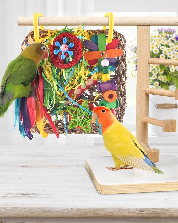 ERKOON Cockatiel Toys, Budgie Toys Foraging Toy Hanging Bird Toy for Lovebrid Parakeets Conures Parrot Foraging Wall with Colorful for Birds Shredding Seagrass, Birds Cage Accessories-2 Pack