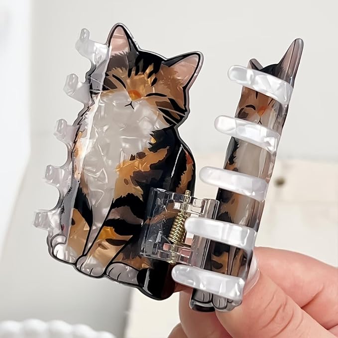 Tricolor Tabby Cat Hair Claw Clips Kitten Hair Clips Animal Hair Jaw Clips | Cute Closed Eyes Sitting Kitten Hair Barrettes Acrylic Tortoiseshell Cat Clamp Orange Brown White Pet Cat Hair Accessories