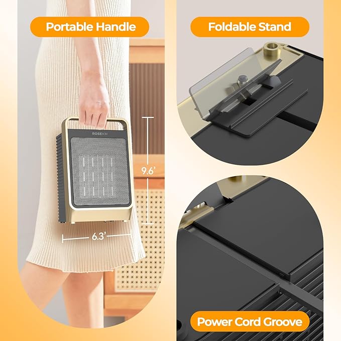 Space Heaters for Indoor Use, 1500W Portable Electric Heater with Thermostat, Ceramic Heater for Room Bedroom Office Under Desk with 3 Heating Levels, Safe Tip-Over Protection (Gold)
