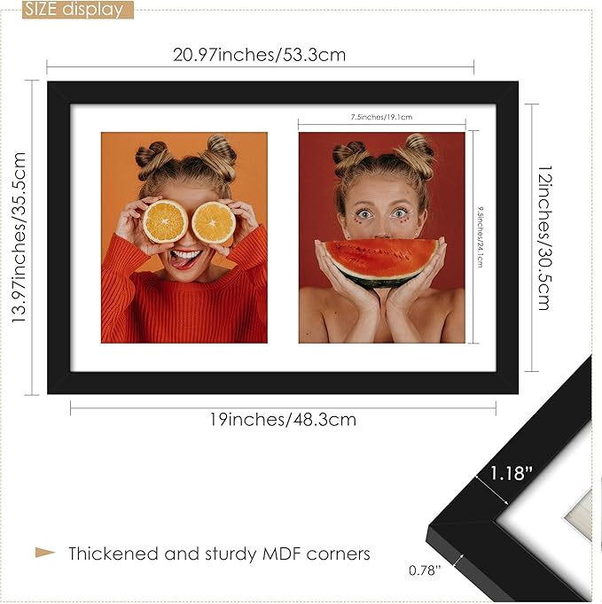 12x19 Double Picture Frame 8x10 Displays Two 8x10 inch Photos Collage Available Horizontal Wall Mounting Display and Vertical Black