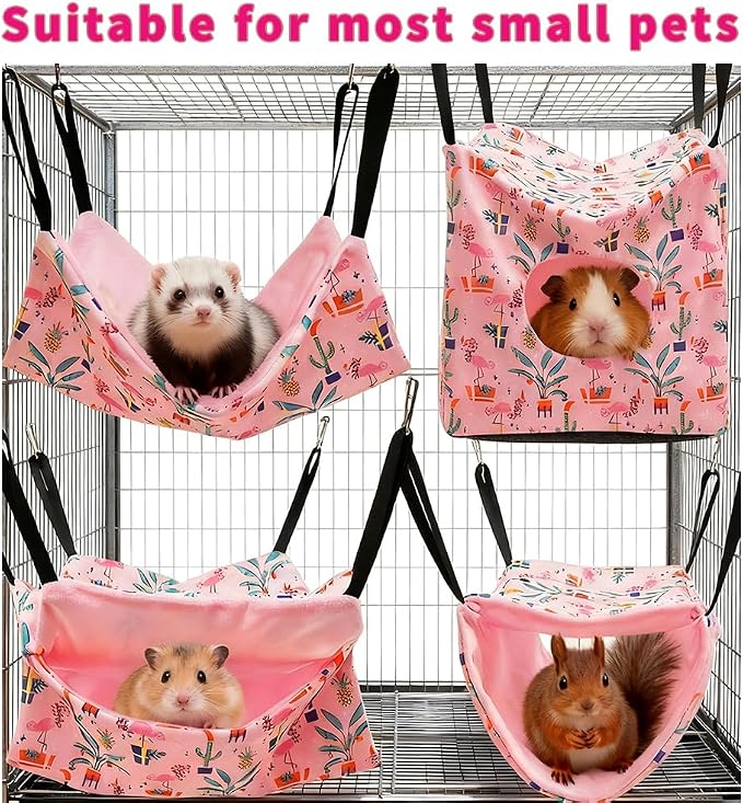 4 Pack Ferret Hammock Set, Hanging Soft Small Animal Hammocks with Hideout,Tunnel and Double Layer,Cage Accessories for Ferret,Rats,Sugar Glider,Squirrel (Pink)