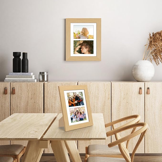 8.5x11 Picture Frame Display 2 opening Double 5x7 Picture Frame Collage,Multi Photo Frame with Mat,Plexiglass,Horizontal and Vertical Formats for Wall Decor,Natural Wood Grain