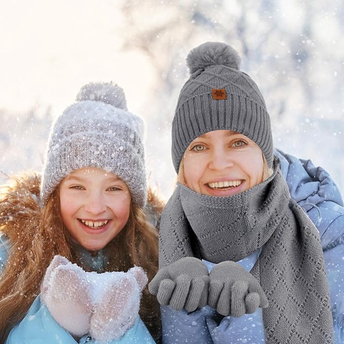 YARIEW Winter Hat Scarf and Gloves Set for Women, Warm Knitted Beanie with Pom Pom, Soft Ear Warmer Scarf, Warm Gloves