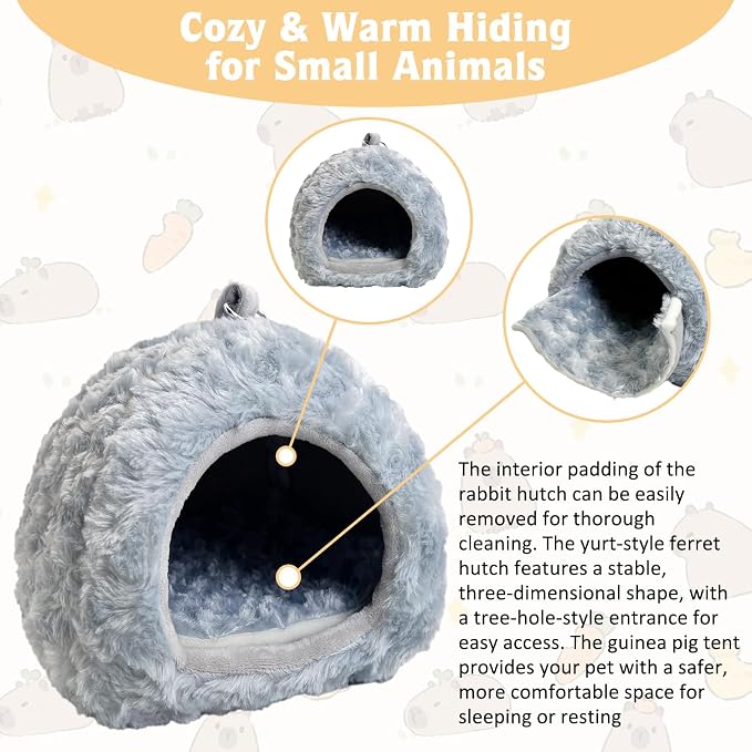 PINVNBY Guinea Pig Hideout House Ferret Bed Chinchilla House Cave Bunnies Hides Winter Nest Hamster Cage Accessories Rat Bedding for Small Animals Dwarf Hedgehogs Rabbit（Grey）