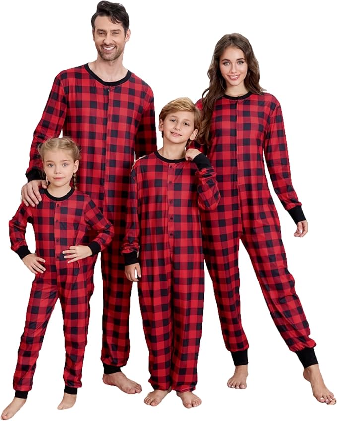 Matching Family Christmas Onesie Pajamas, Buffalo Plaid One-Piece Sleepwear Holiday Loungewear w Zipper