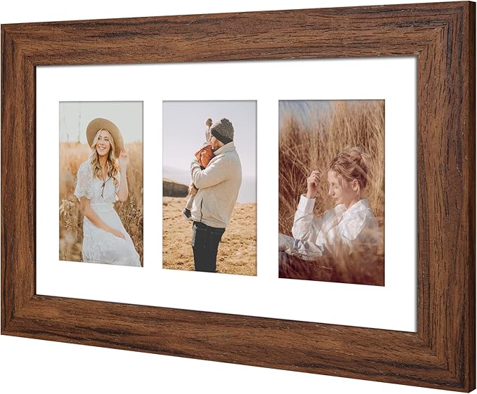 8x14 Picture Frame Display 3 opening 4X6 Picture Frame Collage,Multi Photo Frame with Mat,Plexiglass,Wall Hanging Decor,Carbonized Brown Wood Grain