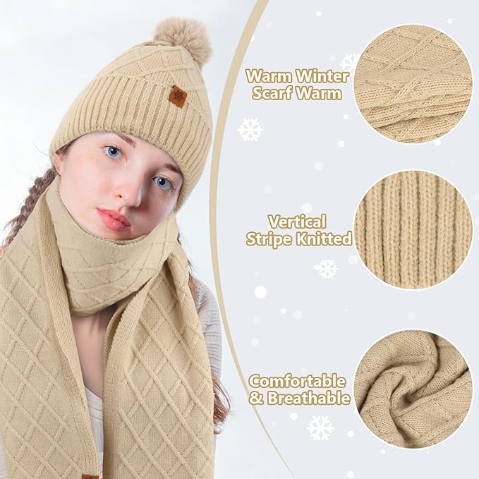 YARIEW Winter Hat Scarf and Gloves Set for Women, Warm Knitted Beanie with Pom Pom, Soft Ear Warmer Scarf, Warm Gloves