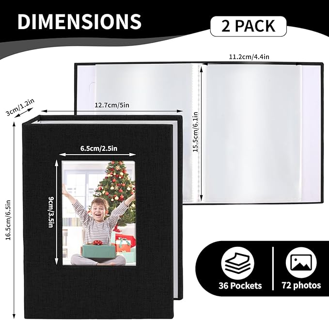 vivinin 2 Pack Photo Album 4x6, Linen Cover Photo Book, Small Photo Album Book for 36 Pockets Hold 72 Pictures, Picture Book for Photos Family Anniversaries Baby Vacations（Black）