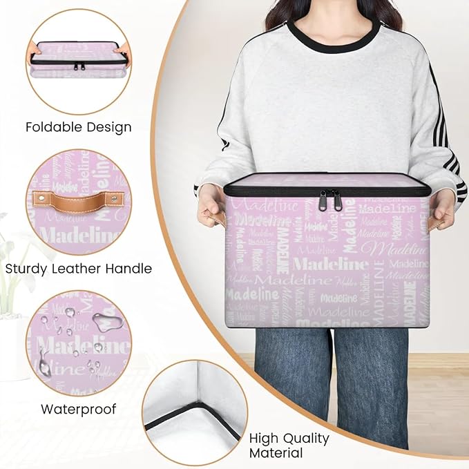 Custom Storage Basket with Name, Personalized Keepsake Box with Zipper Lid, Foldable Fabric Memory Bin Large capacity with Handle Grey Pink Gradient