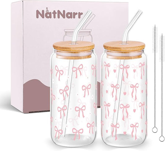 2 Pcs Coquette Pink Bow Glasses Cups, 16oz Cute Bow Glass Cups with Lid Brush and Straw Aesthetic Iced Coffee Cup, Girly Preppy Design Glasses Drinking for Teen Girls Women Men Kids Gift Trendy Stuff
