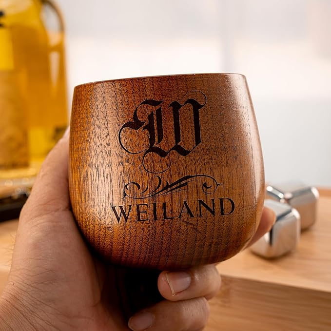 Custom Monogram Wooden Whiskey Glass, Laser Engraved Gift for Men, Dad, or Husband, 10 oz Personalized Wooden Bourbon Cup