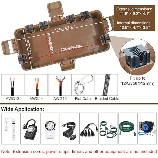 Medium Outdoor Electrical Box (11.6x5.2x4.1 inch), IP54 Waterproof Extension Cord Cover w/ 6 Cable Entry, Weatherproof Connection Box for Power Strip, Plug, Timer, Holiday Lights, Brown