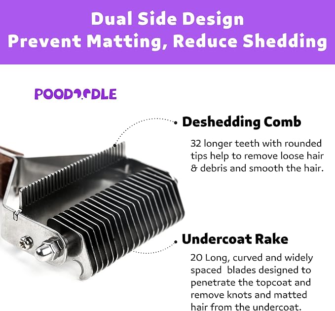2 in 1 Dogs Cats Dematting Grooming Comb, Perfect Deshedding Undercoat Rake for Poodle & Goldendoodle, Efficiently Detangling Shedding Loose Hair & Matted Fur, All Long Haired Pet (Dark)
