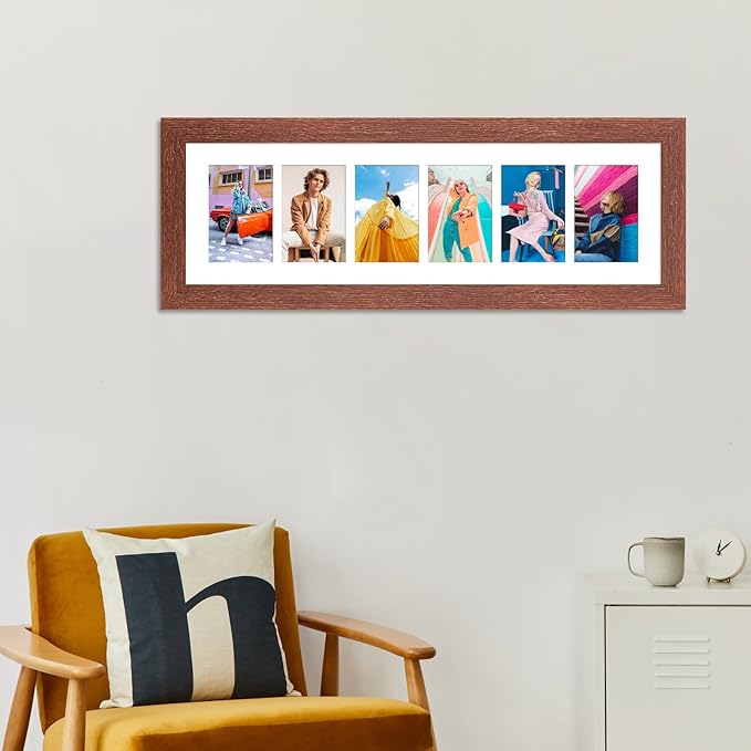 8x26 Picture Frame Display 6 opening 4X6 Picture Frame Collage,Multi Photo Frame with Mat,Plexiglass,Wall or Tabletop Decor,Walnut Wood Grain